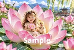 蓮の花と少女・アヒルの幻想イラスト ポストカード