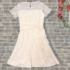 美品✨レディースワンピース白レース切替 フォーマルフレア膝丈 ベージュ M