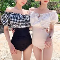 オフショルワンピース水着☆ギンガムチェック 黒