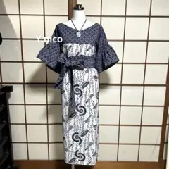 LL 浴衣リメイク 新品反物 くすみピンク 青花蝶々フリル袖ゆったり