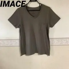 iMace オリーブ色 Vネック Tシャツ 半袖 ポケット付き
