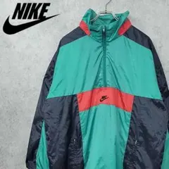【90s 古着】ナイキ ハーフジップ 刺繍 ナイロンジャケット グリーン XXL