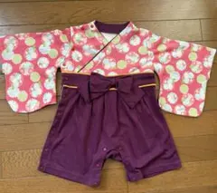 ベビー　袴 花和柄 リボン付き ロンパース　80cm 大正ロマン