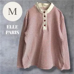 エル ELLE ヘンリーネック 長袖 赤 白 ボーダー M カジュアル トラッド