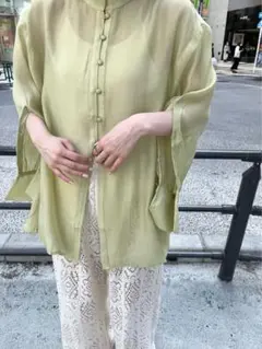 シアーシャツ グリーン アームボタン 羽織り 春夏 FREE SIZE