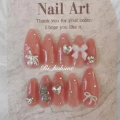 ネイルチップ現品フレンチガーリーちゅるんワンホン韓国ニュアンスピンク量産型リボン