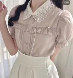 evelyn フリル襟ビジューブラウス ピンクのサムネイル