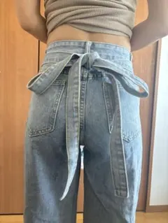 リボン付きハイウエストデニムパンツライトブルーS