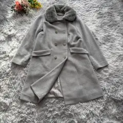 グローブ　ファー付きロングコート　【L】　グレー　ダブルブレスト　きれいめ