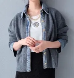 デニム切り替え ニットカーディガン レディース 異素材 カジュアル チャコール