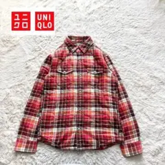 L3【ユニクロ】裏起毛チェックシャツ　長袖　中綿　ボア　赤　S あったか　人気