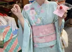 水色 花柄 浴衣・帯セット