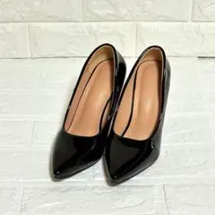 エナメル ポインテッドトゥ パンプス 黒 ブラック34 21cm 22cm
