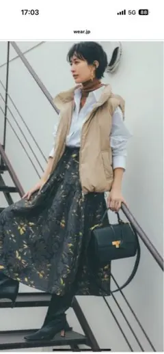 ミラオーウェン ジャガードウエストゴムカーブティアードスカート