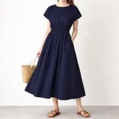 KBF Aライン ロングワンピース フレンチスリーブ 綿100% ウエストゴム