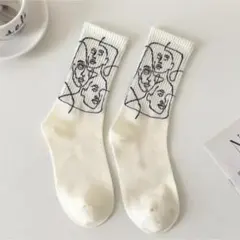 新品　アート　絵画　顔　ソックス　靴下　ホワイト×ブラック　ユニーク　ギフト