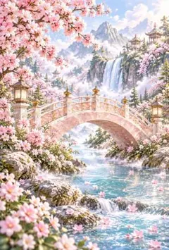 清流と石橋　さくら　春景色　石橋　風景画　デジタルアート　インテリア　C300
