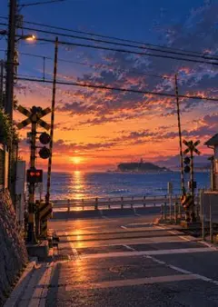 【イラスト】夕暮れの鎌倉高校前踏切 アートポスター