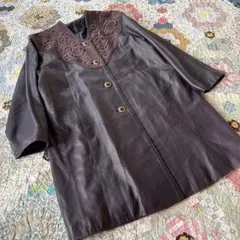 ヴィンテージ 羊革100% スエード切替 刺繍　ロング　レザーコート