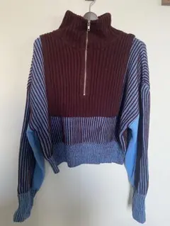 KBF レイヤードハーフZIPニット（ブルー&ブラウン）