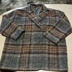 ブラウン系チェック柄ダブルブレストウールコート　Ｌ