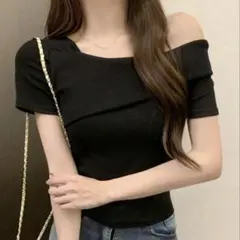SHEIN オフショルダー 半袖 リブトップス ブラック Sのサムネイル