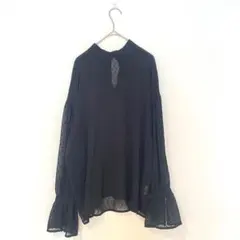 ジーナシス ブラウス 長袖 バンドカラー 黒 ドット フリル 絞り シアー