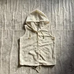 ノースリーブ レース編み ホワイト フード ベスト ボタン 透かし 古着女子