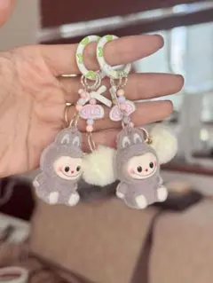 大人気ミニラブブ キーリング(グレー)らぶぶ Labubuキーホルダー2個セット