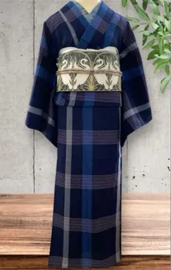 ❇︎ ウール着物 チェック柄 ネイビー ラメ糸 カジュアル 美品 半衿　帯締め❇︎