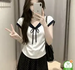 バイカラー 半袖ポロシャツ リボン付き ホワイト×ネイビー shein temu