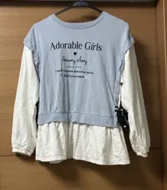 重ね着風　フリル裾　長袖カットソー　160（150位から）水色　トップス