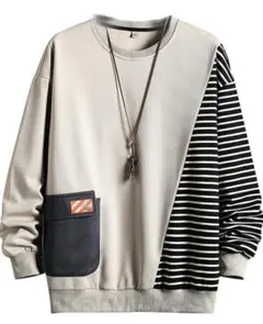 スウェット トレーナー M 切り替え ボーダー オーバーサイズ 韓国風 カーキ