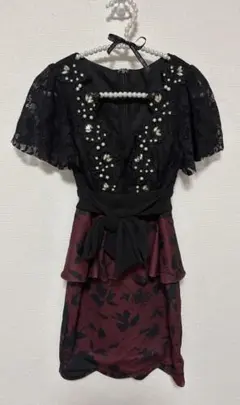 レース付き黒・ワインレッドペプラムドレス S