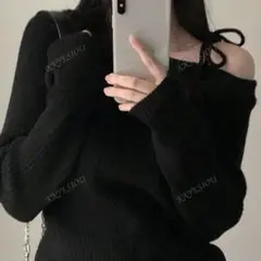 SHEIN ブラック片肩オフショルダーリブニット