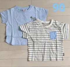 【新品】90cm プティマイン　半袖Tシャツ2枚セット(ライトブルー&ボーダー)