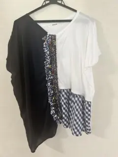 zucca ドッキング 半袖Tシャツ 切替デザイン　チェック　フリンジ　異素材のサムネイル