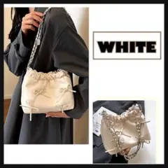 チェーンバック ショルダーバッグ リボン ホワイト ミニバッグ 巾着 磁石ボタン