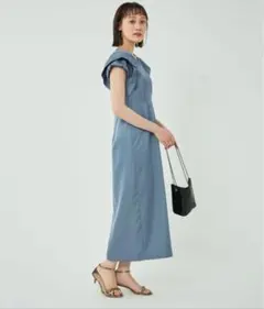 ダークグレー Vネック フリルスリーブ マキシドレス