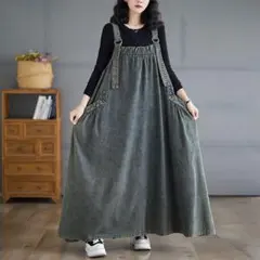 デニムワンピース レトロ＆ゆったり 無地 サロペットワンピース 体型をカバー