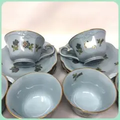水色のティーカップとソーサーセット　ノリタケ　薔薇柄　6客セット