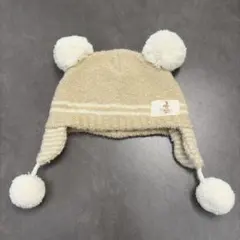 ベージュ ポンポン付き ベビーニット帽子