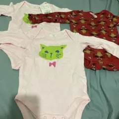 猫の顔プリント 長袖肌着 70cm 3点セット