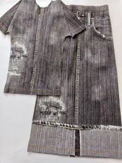 希少♡プリーツプリーズ　デニム転写　ハーフパンツ　黒　サイズ5 大きいサイズ 希少♡プリーツプリーズ デニム転写 ハーフパンツ 黒 サイズ5