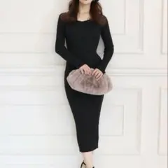 ROYAL PARTY リブニットタイトワンピース スリット入り 黒 ブラック