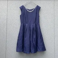 2809【レッセパッセ】38♡ネイビー Aラインドレス パールネックレス付き