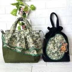 2段フリルグリーン系トートバッグと巾着バッグセット ハンドメイド
