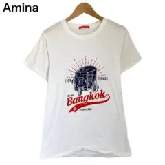 アミナ　トゥクトゥク　プリント　レディース　ホワイト　半袖　丸首　タイ　Tシャツのサムネイル