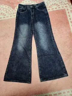 美品❣️SHEIN Dazyラインストーンブーツカットフレアデニム濃紺 M