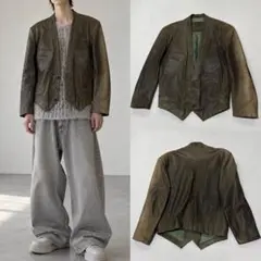 90s Vintage レザー カーディガン フェード ポイントヘム 短丈